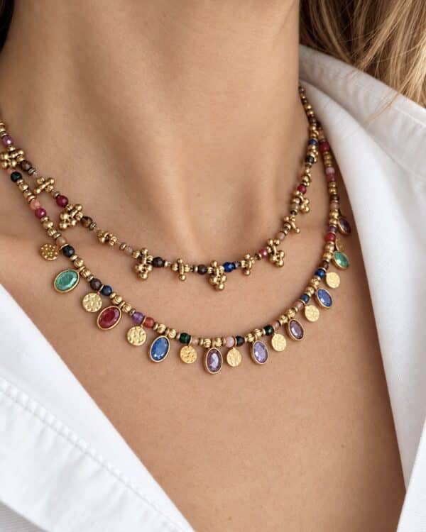 Collier à breloques en acier inoxydable, strass et pierres naturelles multicolores