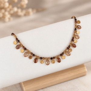 Collier à pampilles en acier inoxydable et pierres marrons