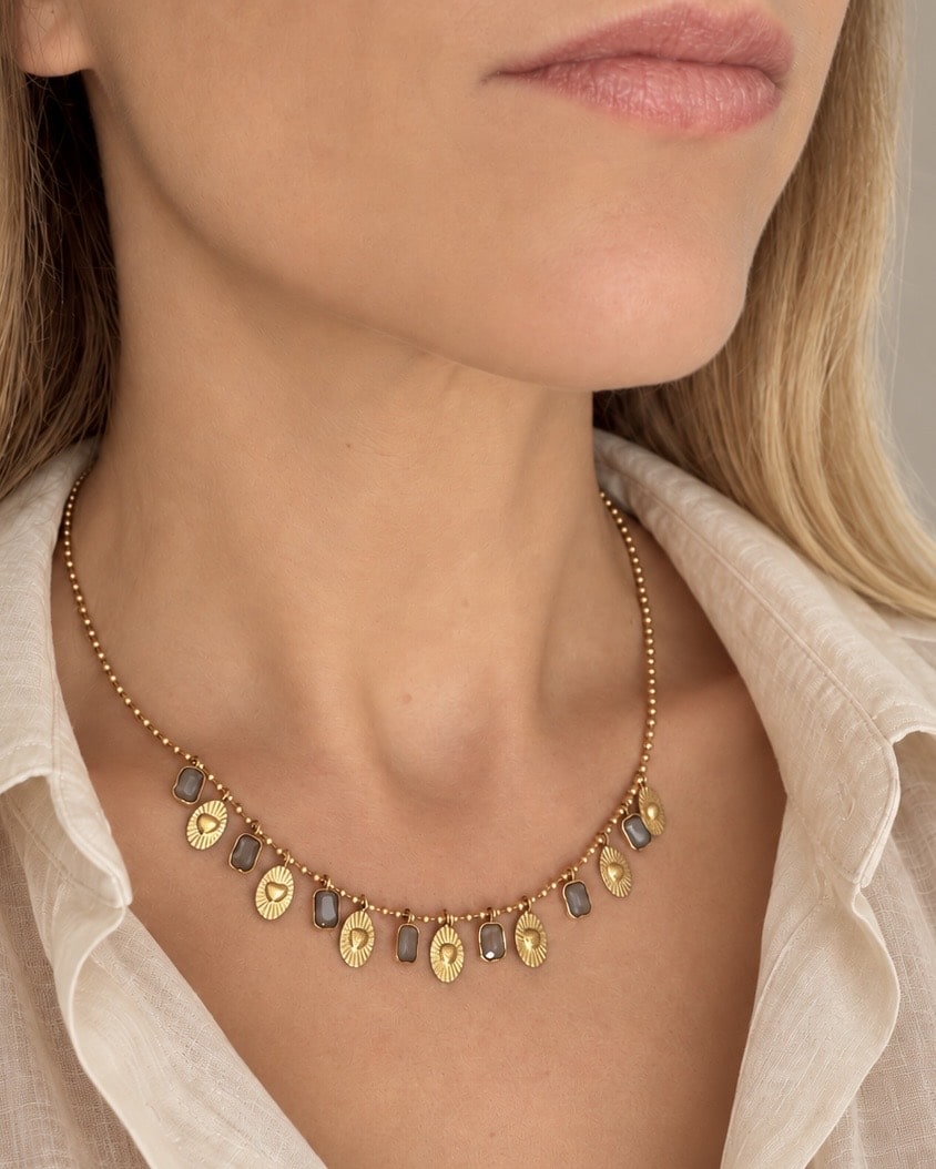 Collier en acier inoxydable avec pampille strass marron