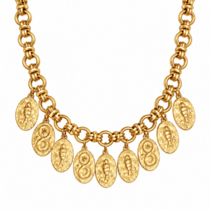 Collier en acier inoxydable doré composé d’une magnifique chaine épaisse dans un style rétro vintage ainsi que de neuf pendentifs martelés de forme ovale avec petits poissons gravés