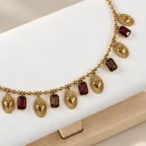 Collier en acier inoxydable et strass marron et grenat